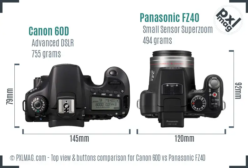 Canon 60D vs Panasonic FZ40 top view buttons comparison Canon 60D vs Panasonic FZ40 top view buttons comparison