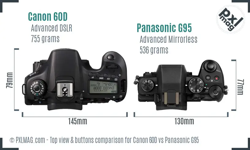 Canon 60D vs Panasonic G95 top view buttons comparison