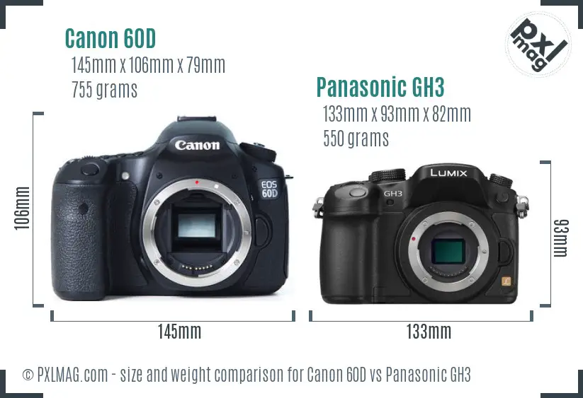 Canon 60D vs Panasonic GH3 size comparison