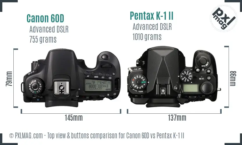 Canon 60D vs Pentax K-1 II top view buttons comparison