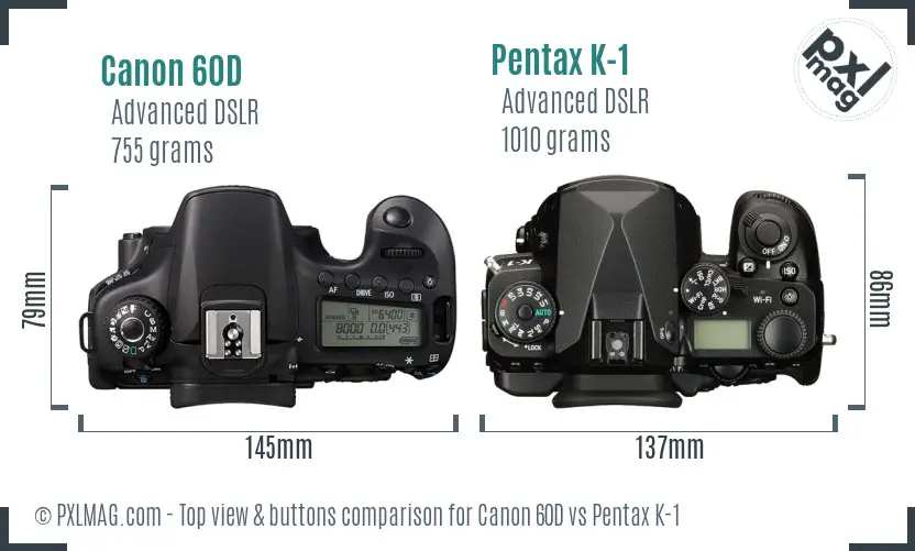 Canon 60D vs Pentax K-1 top view buttons comparison