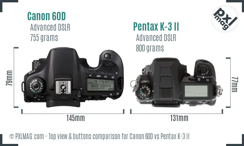 Canon 60D vs Pentax K-3 II top view buttons comparison Canon 60D vs Pentax K-3 II top view buttons comparison