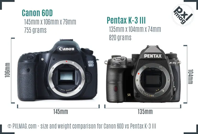 Canon 60D vs Pentax K-3 III size comparison