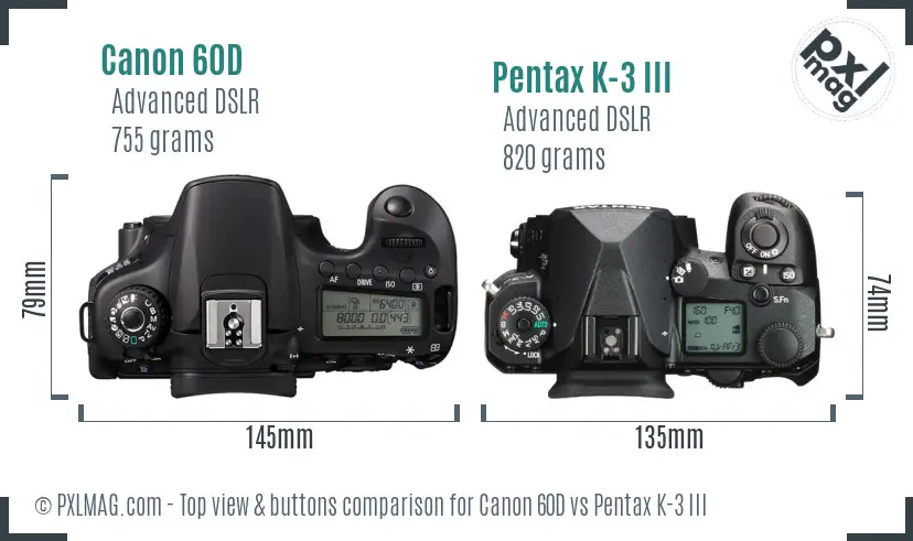 Canon 60D vs Pentax K-3 III top view buttons comparison