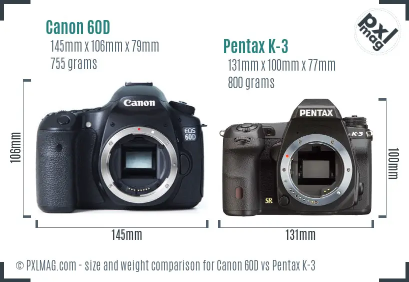 Canon 60D vs Pentax K-3 size comparison