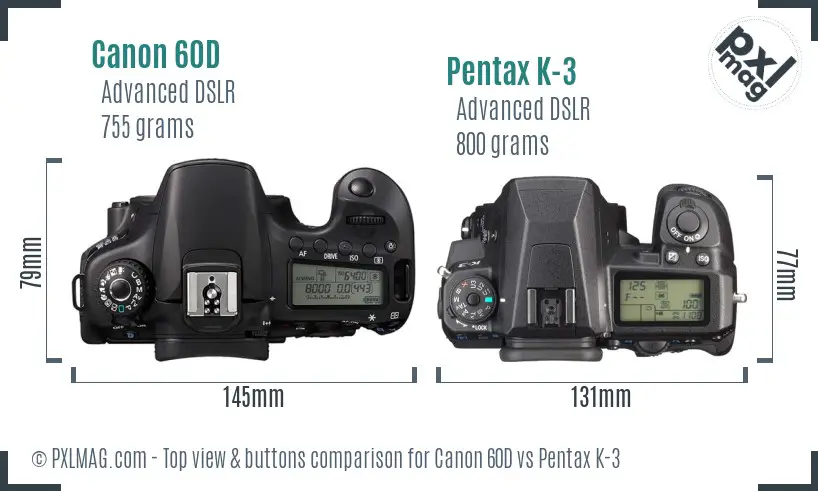 Canon 60D vs Pentax K-3 top view buttons comparison
