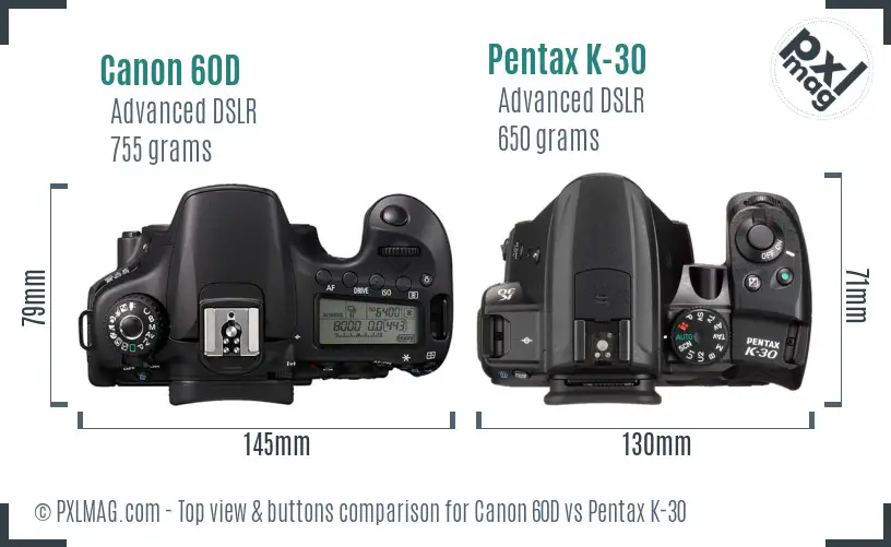 Canon 60D vs Pentax K-30 top view buttons comparison