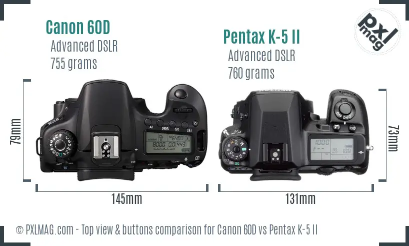 Canon 60D vs Pentax K-5 II top view buttons comparison