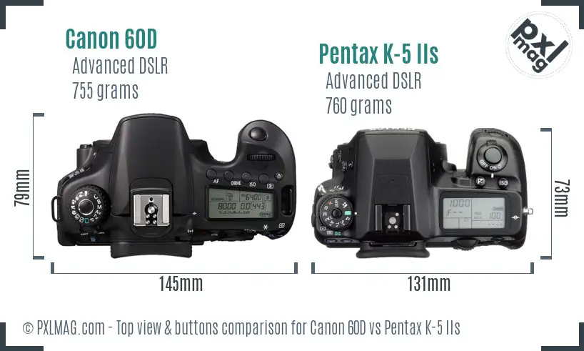 Canon 60D vs Pentax K-5 IIs top view buttons comparison