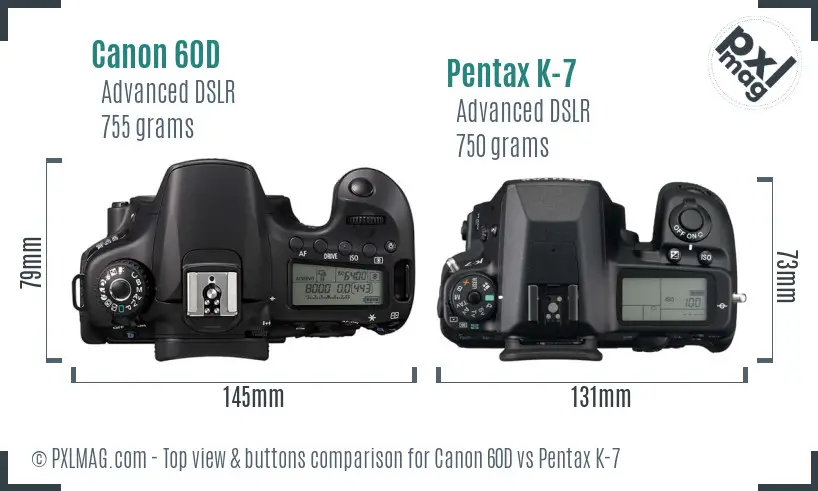 Canon 60D vs Pentax K-7 top view buttons comparison