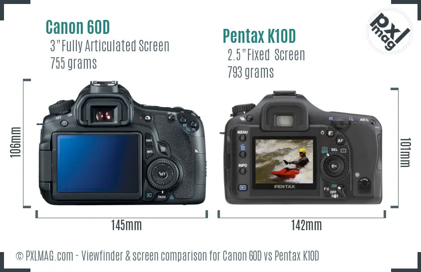 Canon 60D vs Pentax K10D Screen and Viewfinder comparison
