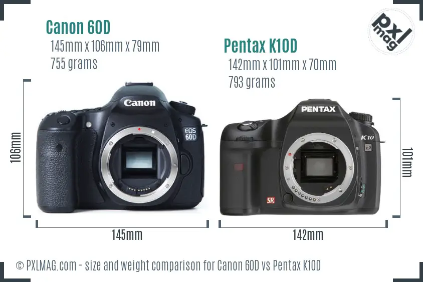 Canon 60D vs Pentax K10D size comparison