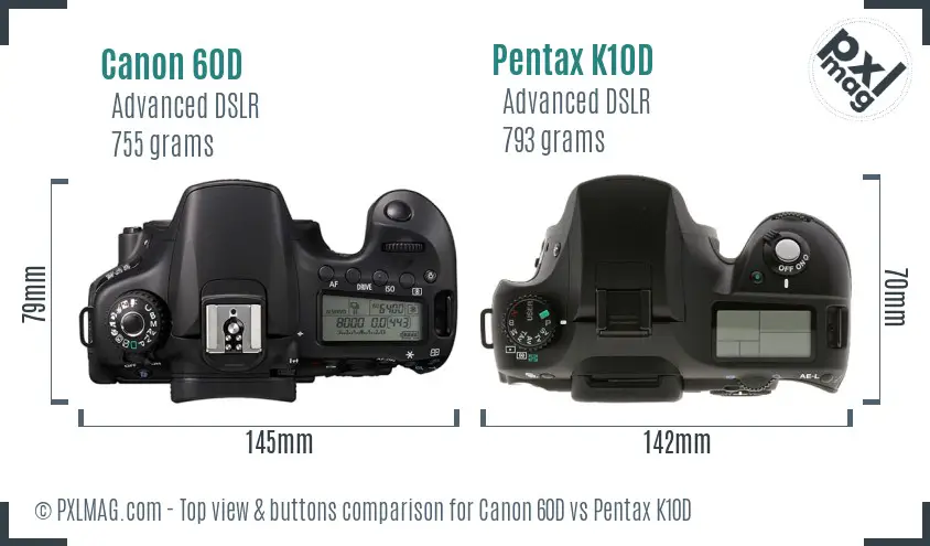 Canon 60D vs Pentax K10D top view buttons comparison