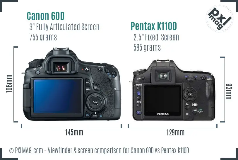 Canon 60D vs Pentax K110D Screen and Viewfinder comparison