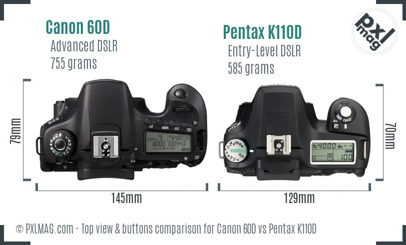 Canon 60D vs Pentax K110D top view buttons comparison
