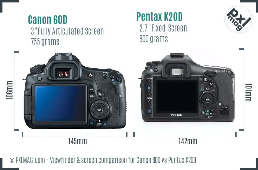 Canon 60D vs Pentax K20D Screen and Viewfinder comparison