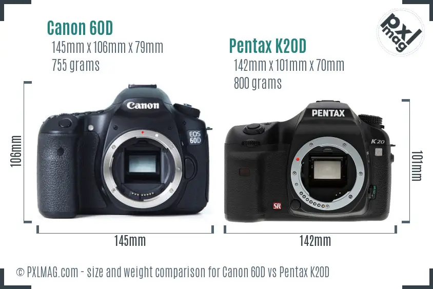 Canon 60D vs Pentax K20D size comparison