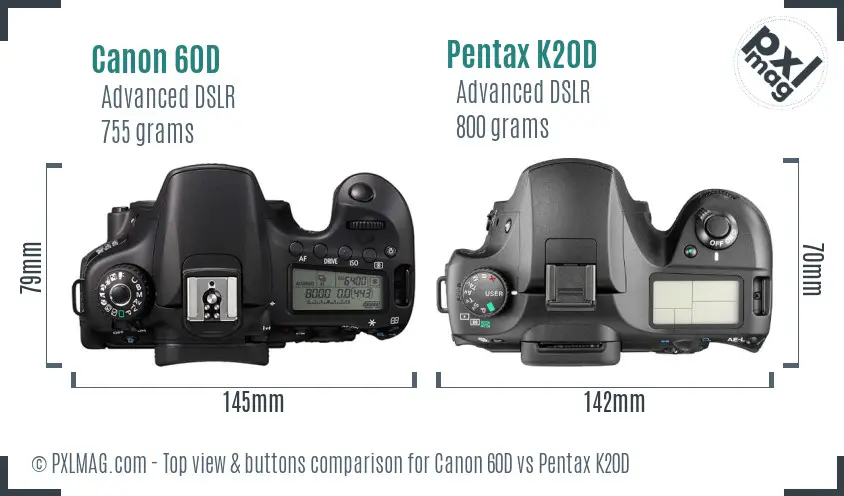 Canon 60D vs Pentax K20D top view buttons comparison
