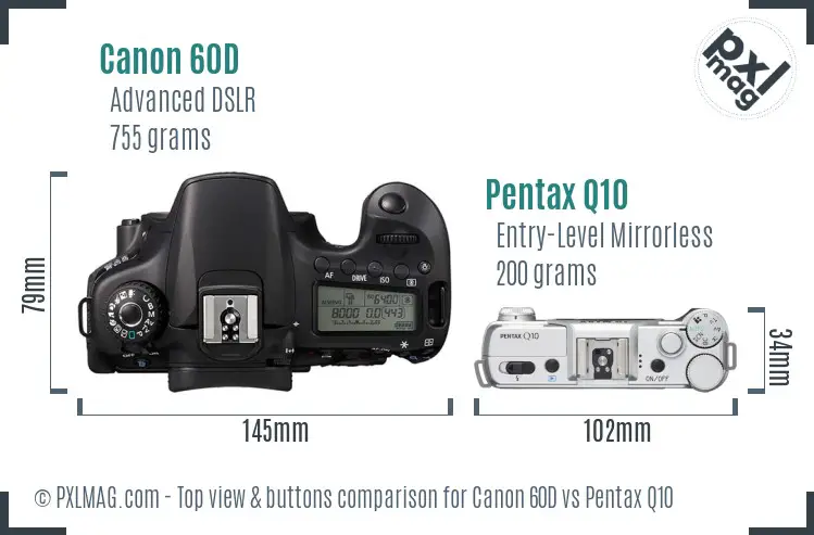 Canon 60D vs Pentax Q10 top view buttons comparison