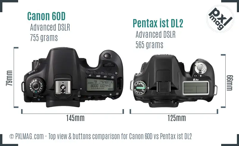 Canon 60D vs Pentax ist DL2 top view buttons comparison Canon 60D vs Pentax ist DL2 top view buttons comparison