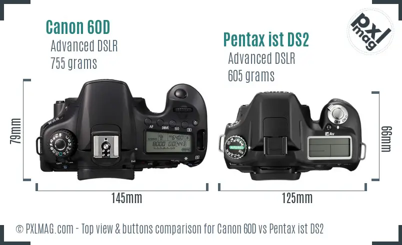 Canon 60D vs Pentax ist DS2 top view buttons comparison