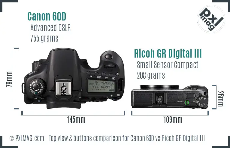 Canon 60D vs Ricoh GR Digital III top view buttons comparison