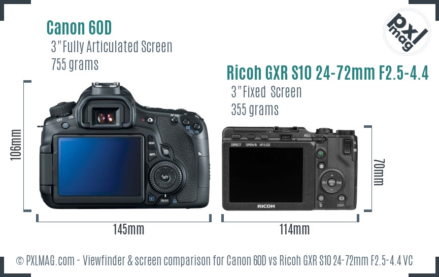 Canon 60D vs Ricoh GXR S10 24-72mm F2.5-4.4 VC Screen and Viewfinder comparison