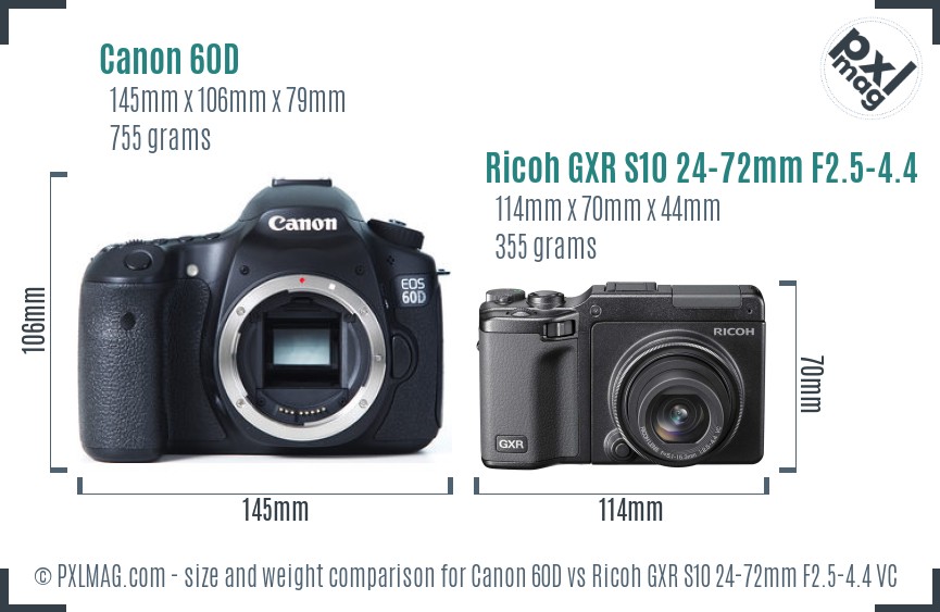Canon 60D vs Ricoh GXR S10 24-72mm F2.5-4.4 VC size comparison Canon 60D vs Ricoh GXR S10 24-72mm F2.5-4.4 VC size comparison