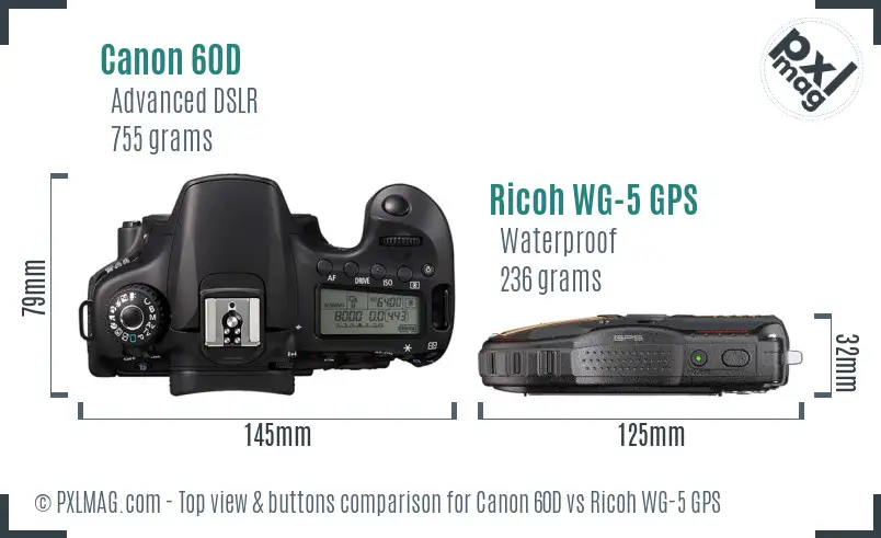 Canon 60D vs Ricoh WG-5 GPS top view buttons comparison Canon 60D vs Ricoh WG-5 GPS top view buttons comparison