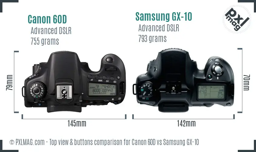 Canon 60D vs Samsung GX-10 top view buttons comparison