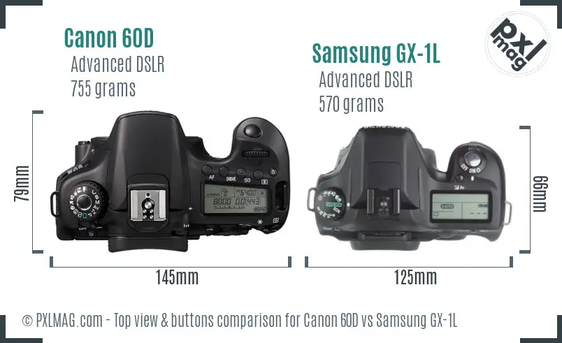 Canon 60D vs Samsung GX-1L top view buttons comparison