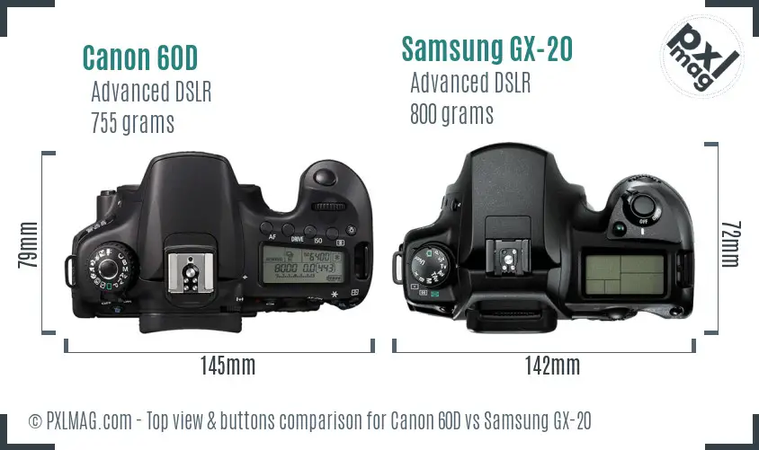 Canon 60D vs Samsung GX-20 top view buttons comparison