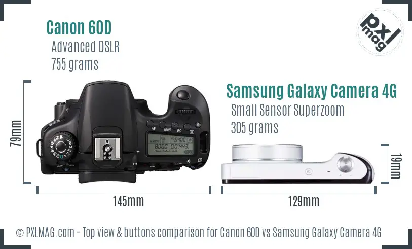 Canon 60D vs Samsung Galaxy Camera 4G top view buttons comparison