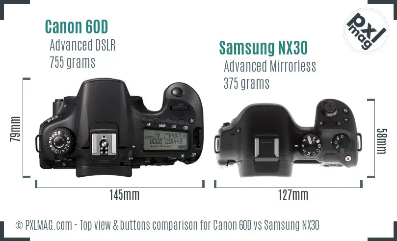 Canon 60D vs Samsung NX30 top view buttons comparison