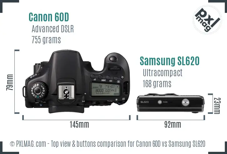 Canon 60D vs Samsung SL620 top view buttons comparison