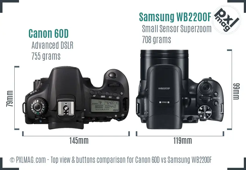 Canon 60D vs Samsung WB2200F top view buttons comparison