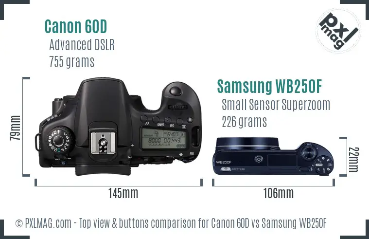 Canon 60D vs Samsung WB250F top view buttons comparison