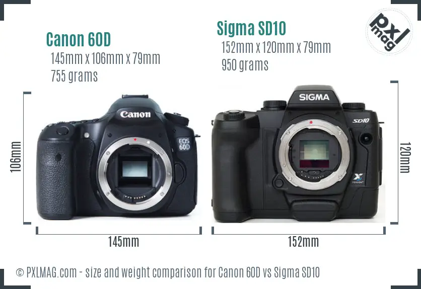 Canon 60D vs Sigma SD10 size comparison