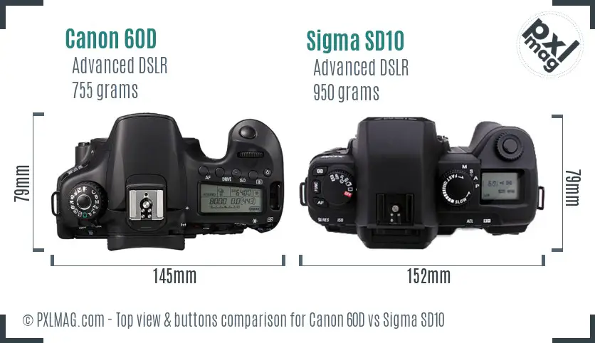 Canon 60D vs Sigma SD10 top view buttons comparison