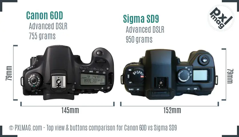 Canon 60D vs Sigma SD9 top view buttons comparison