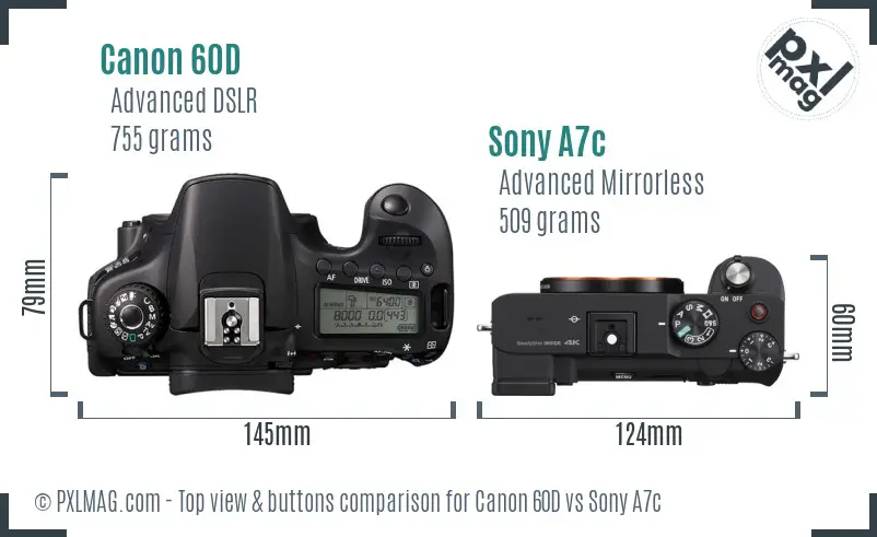 Canon 60D vs Sony A7c top view buttons comparison Canon 60D vs Sony A7c top view buttons comparison