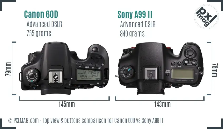 Canon 60D vs Sony A99 II top view buttons comparison