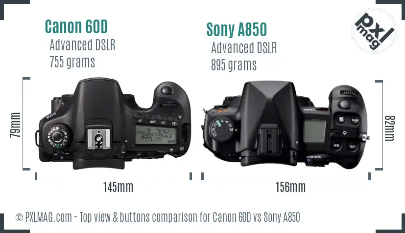 Canon 60D vs Sony A850 top view buttons comparison