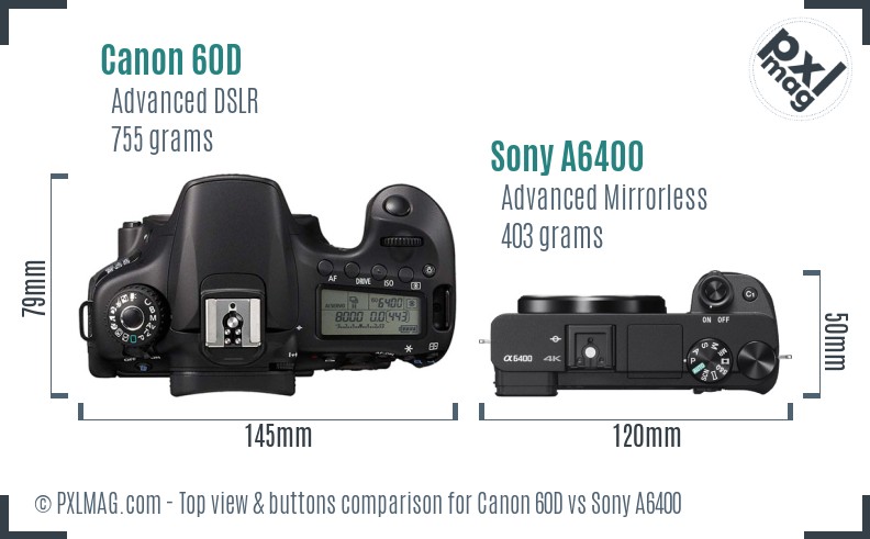 Canon 60D vs Sony A6400 top view buttons comparison
