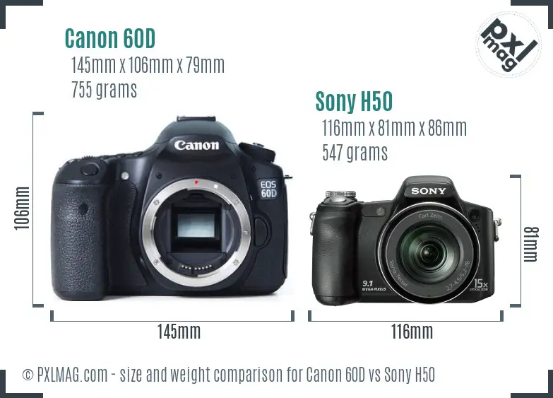 Canon 60D vs Sony H50 size comparison