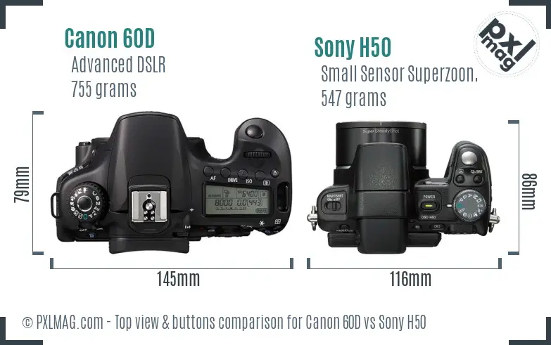 Canon 60D vs Sony H50 top view buttons comparison