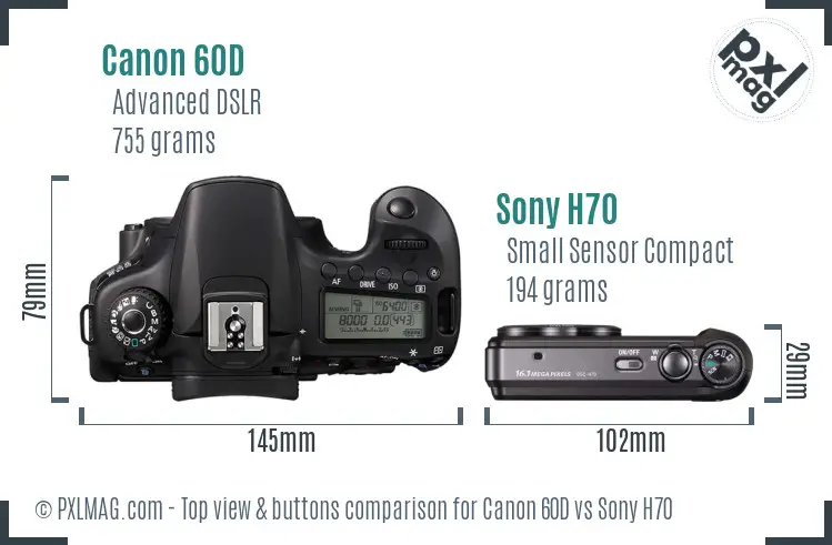 Canon 60D vs Sony H70 top view buttons comparison