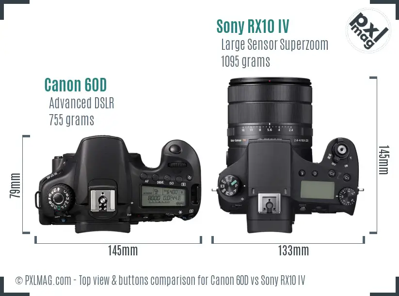 Canon 60D vs Sony RX10 IV top view buttons comparison