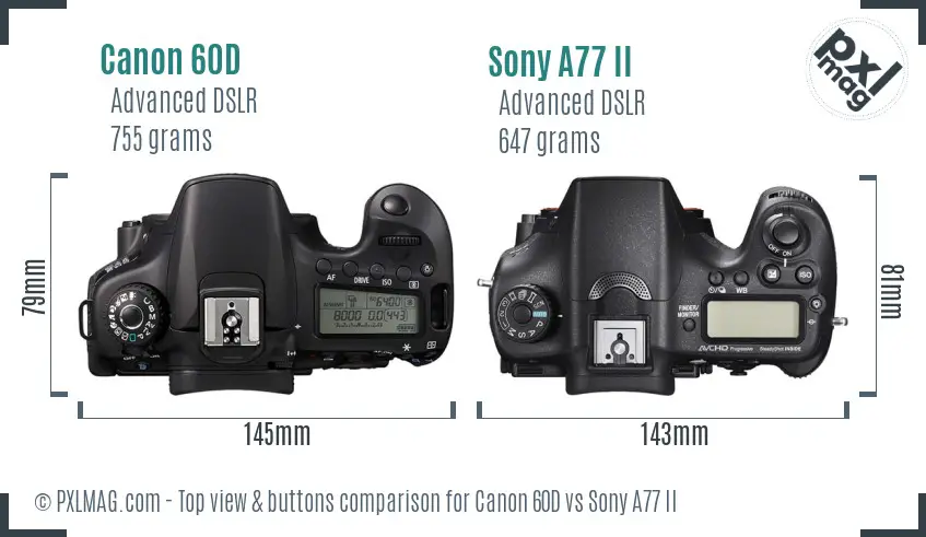 Canon 60D vs Sony A77 II top view buttons comparison