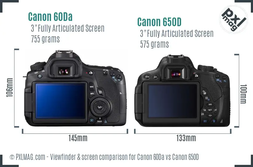 Canon 60Da vs Canon 650D Screen and Viewfinder comparison